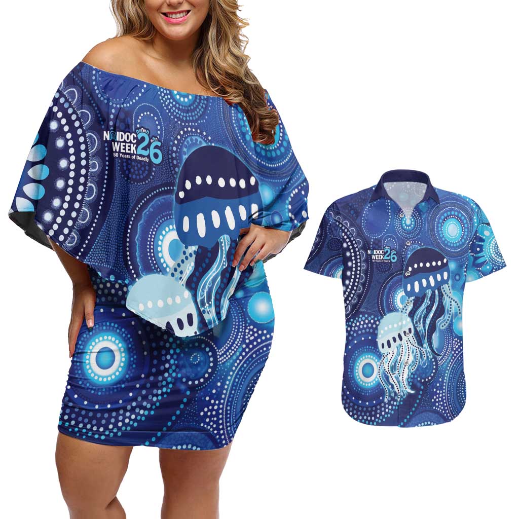 NAIDOC Deadly 50 Years Couples Matching Off Shoulder Short Dress and Hawaiian Shirt Jellyfish Aboriginal Culture Inspired Blue
