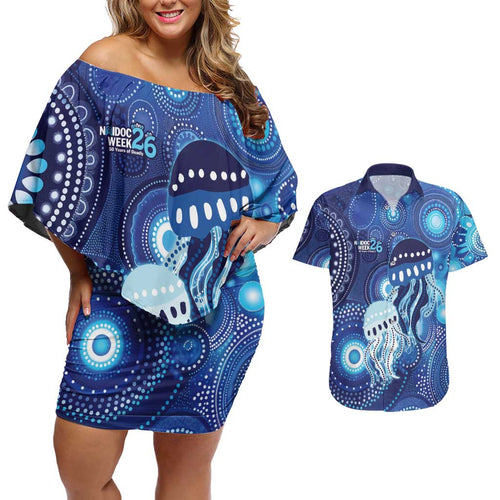 NAIDOC Deadly 50 Years Couples Matching Off Shoulder Short Dress and Hawaiian Shirt Jellyfish Aboriginal Culture Inspired Blue