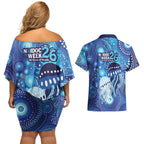 NAIDOC Deadly 50 Years Couples Matching Off Shoulder Short Dress and Hawaiian Shirt Jellyfish Aboriginal Culture Inspired Blue
