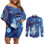NAIDOC Deadly 50 Years Couples Matching Off Shoulder Short Dress and Long Sleeve Button Shirt Jellyfish Aboriginal Culture Inspired Blue