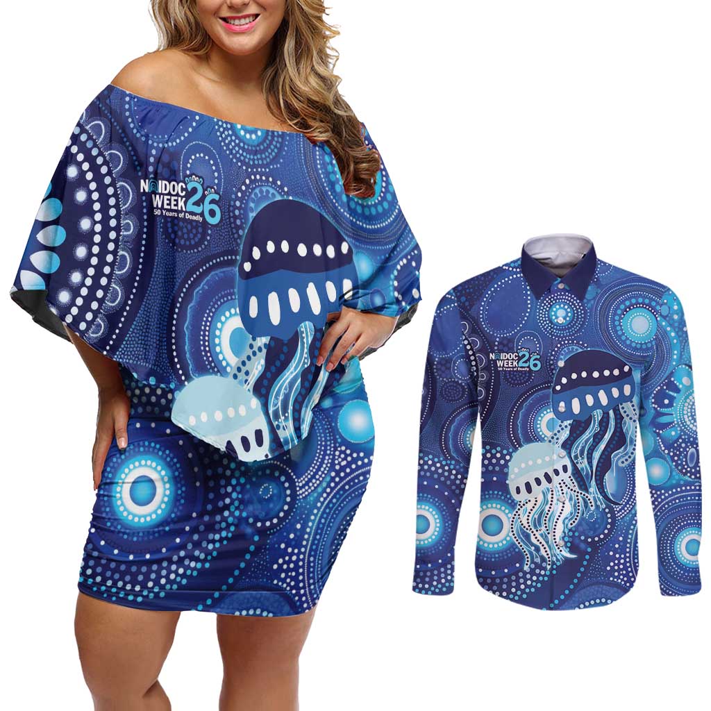 NAIDOC Deadly 50 Years Couples Matching Off Shoulder Short Dress and Long Sleeve Button Shirt Jellyfish Aboriginal Culture Inspired Blue
