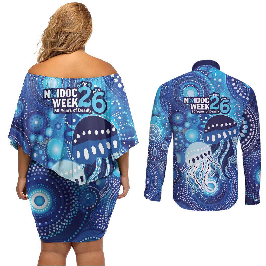NAIDOC Deadly 50 Years Couples Matching Off Shoulder Short Dress and Long Sleeve Button Shirt Jellyfish Aboriginal Culture Inspired Blue