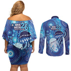 NAIDOC Deadly 50 Years Couples Matching Off Shoulder Short Dress and Long Sleeve Button Shirt Jellyfish Aboriginal Culture Inspired Blue
