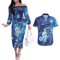 NAIDOC Deadly 50 Years Couples Matching Off The Shoulder Long Sleeve Dress and Hawaiian Shirt Jellyfish Aboriginal Culture Inspired Blue