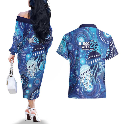 NAIDOC Deadly 50 Years Couples Matching Off The Shoulder Long Sleeve Dress and Hawaiian Shirt Jellyfish Aboriginal Culture Inspired Blue