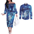 NAIDOC Deadly 50 Years Couples Matching Off The Shoulder Long Sleeve Dress and Long Sleeve Button Shirt Jellyfish Aboriginal Culture Inspired Blue