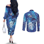 NAIDOC Deadly 50 Years Couples Matching Off The Shoulder Long Sleeve Dress and Long Sleeve Button Shirt Jellyfish Aboriginal Culture Inspired Blue