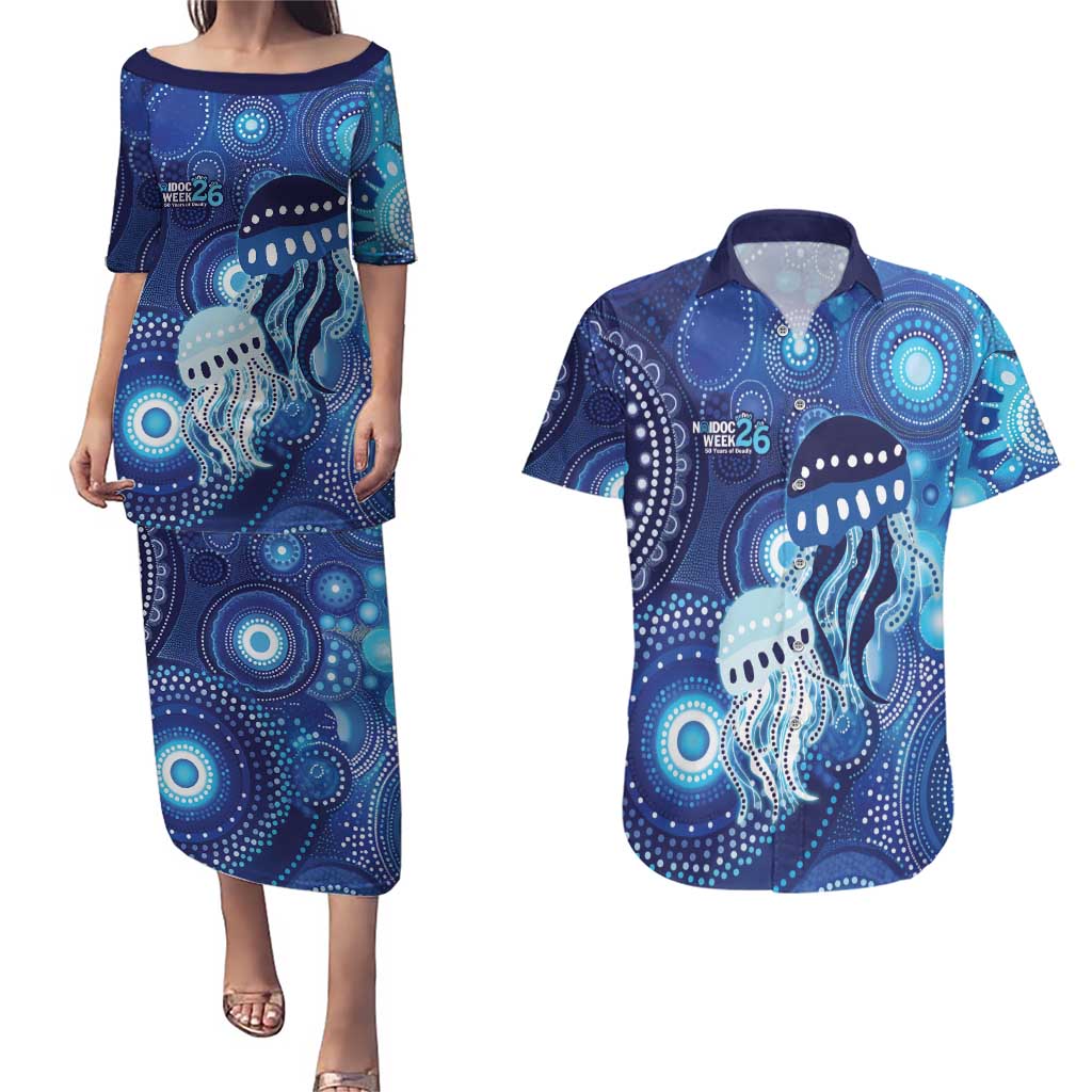 NAIDOC Deadly 50 Years Couples Matching Puletasi and Hawaiian Shirt Jellyfish Aboriginal Culture Inspired Blue
