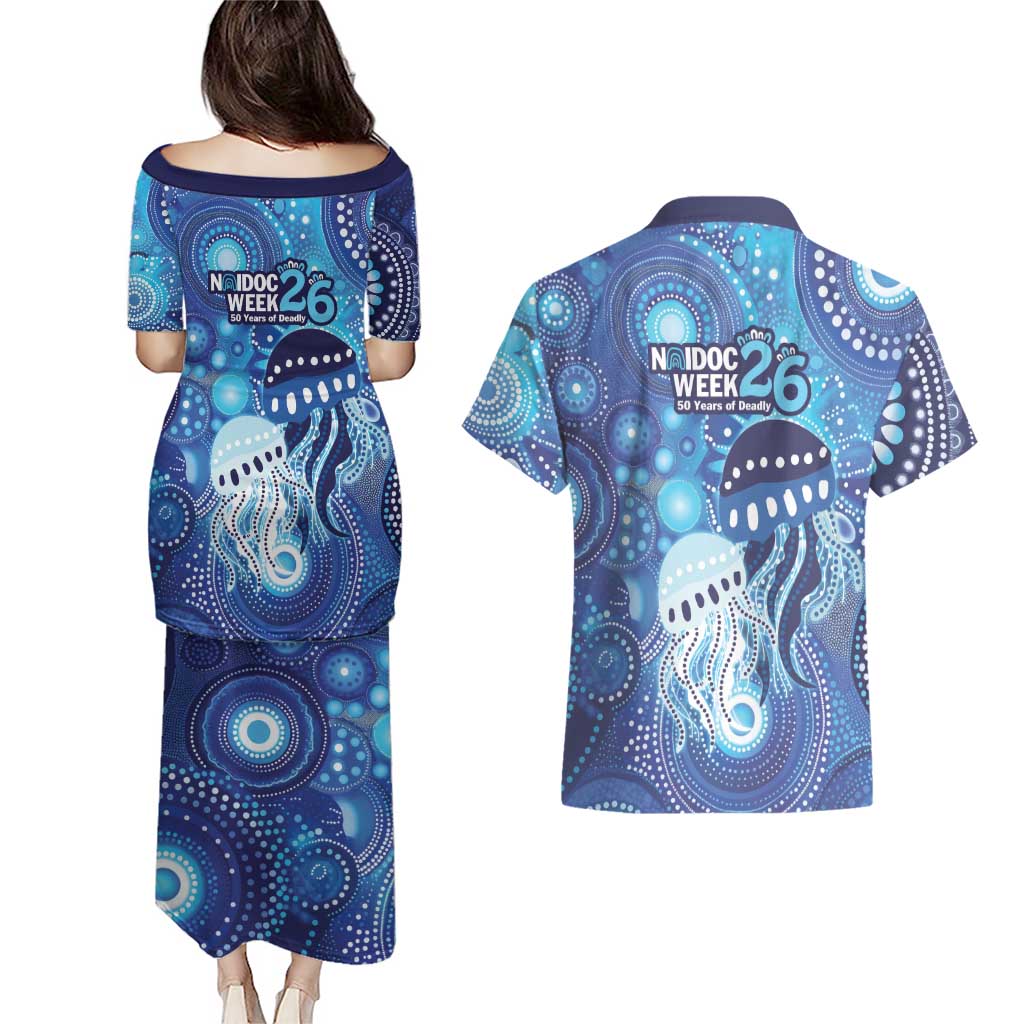 NAIDOC Deadly 50 Years Couples Matching Puletasi and Hawaiian Shirt Jellyfish Aboriginal Culture Inspired Blue