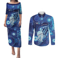 NAIDOC Deadly 50 Years Couples Matching Puletasi and Long Sleeve Button Shirt Jellyfish Aboriginal Culture Inspired Blue