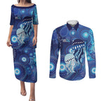 NAIDOC Deadly 50 Years Couples Matching Puletasi and Long Sleeve Button Shirt Jellyfish Aboriginal Culture Inspired Blue