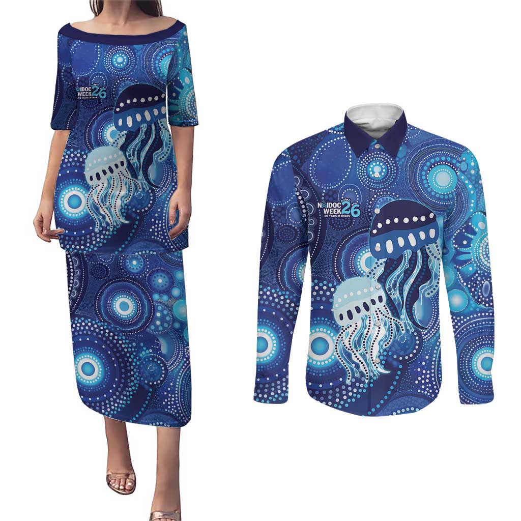 NAIDOC Deadly 50 Years Couples Matching Puletasi and Long Sleeve Button Shirt Jellyfish Aboriginal Culture Inspired Blue