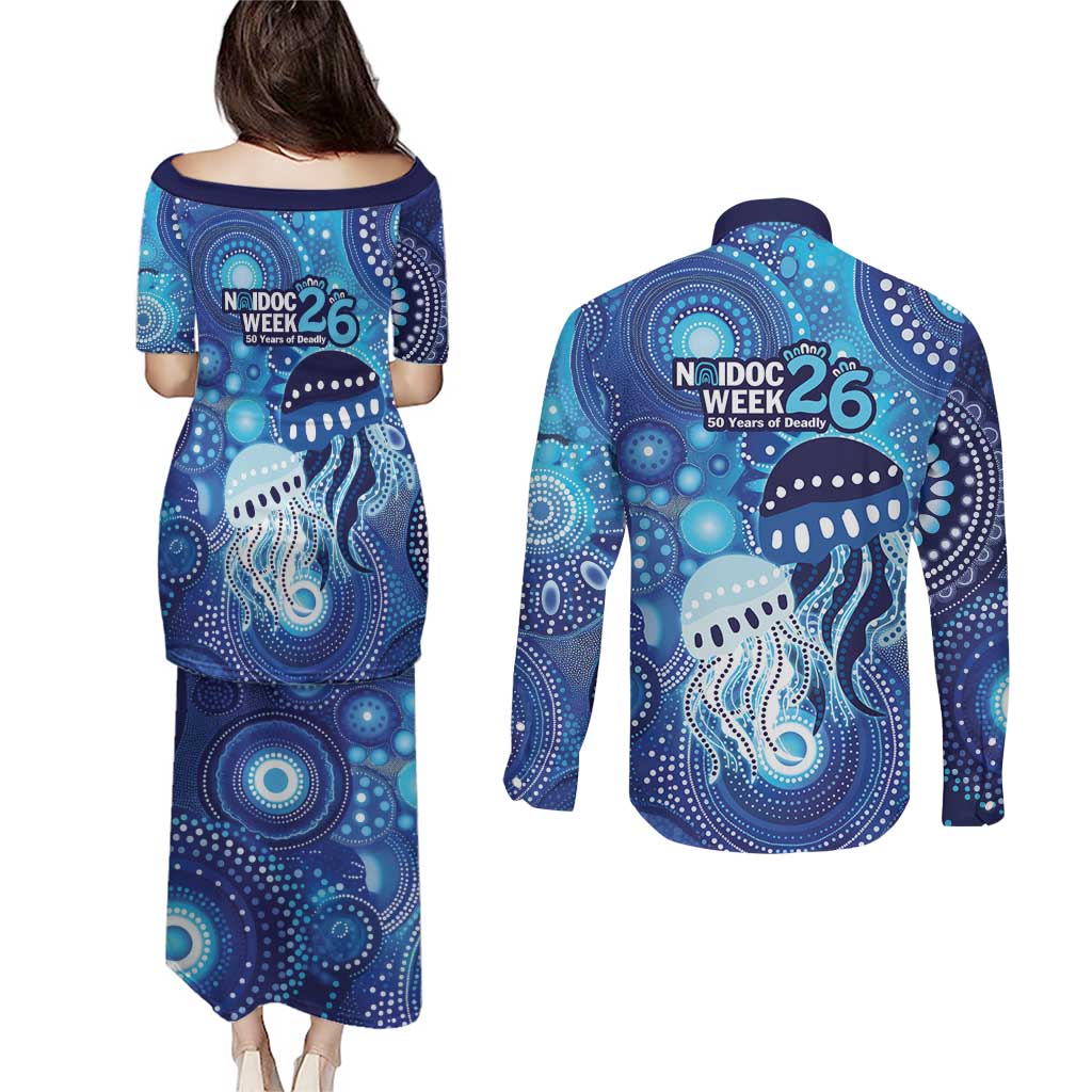 NAIDOC Deadly 50 Years Couples Matching Puletasi and Long Sleeve Button Shirt Jellyfish Aboriginal Culture Inspired Blue