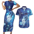 NAIDOC Deadly 50 Years Couples Matching Short Sleeve Bodycon Dress and Hawaiian Shirt Jellyfish Aboriginal Culture Inspired Blue