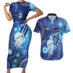 NAIDOC Deadly 50 Years Couples Matching Short Sleeve Bodycon Dress and Hawaiian Shirt Jellyfish Aboriginal Culture Inspired Blue