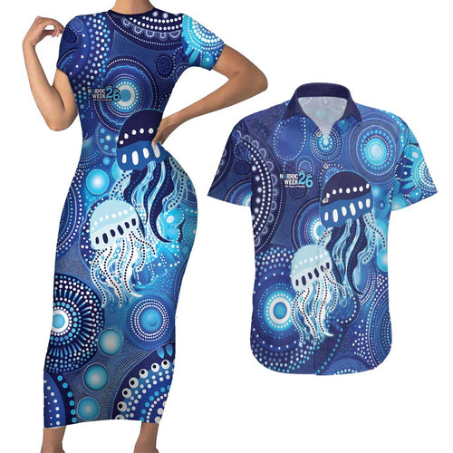 NAIDOC Deadly 50 Years Couples Matching Short Sleeve Bodycon Dress and Hawaiian Shirt Jellyfish Aboriginal Culture Inspired Blue