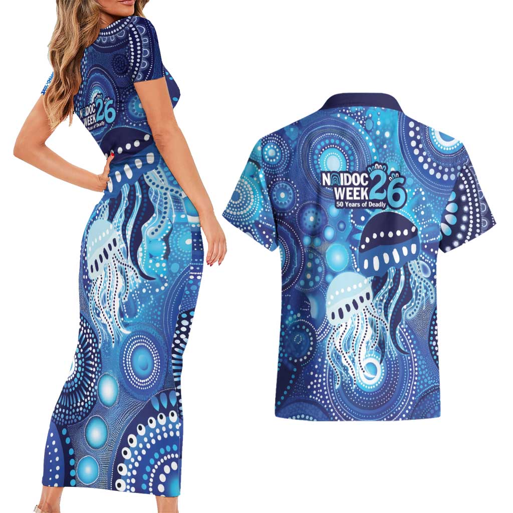NAIDOC Deadly 50 Years Couples Matching Short Sleeve Bodycon Dress and Hawaiian Shirt Jellyfish Aboriginal Culture Inspired Blue