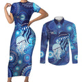 NAIDOC Deadly 50 Years Couples Matching Short Sleeve Bodycon Dress and Long Sleeve Button Shirt Jellyfish Aboriginal Culture Inspired Blue