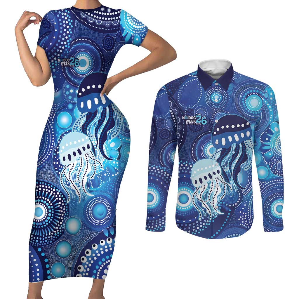 NAIDOC Deadly 50 Years Couples Matching Short Sleeve Bodycon Dress and Long Sleeve Button Shirt Jellyfish Aboriginal Culture Inspired Blue