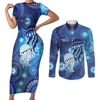 NAIDOC Deadly 50 Years Couples Matching Short Sleeve Bodycon Dress and Long Sleeve Button Shirt Jellyfish Aboriginal Culture Inspired Blue