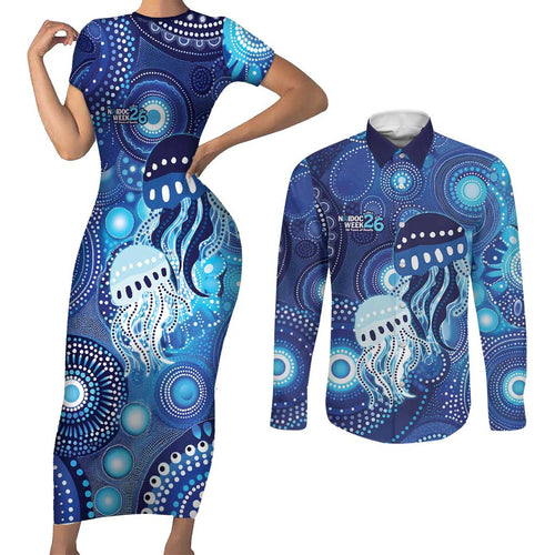 NAIDOC Deadly 50 Years Couples Matching Short Sleeve Bodycon Dress and Long Sleeve Button Shirt Jellyfish Aboriginal Culture Inspired Blue