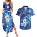NAIDOC Deadly 50 Years Couples Matching Summer Maxi Dress and Hawaiian Shirt Jellyfish Aboriginal Culture Inspired Blue