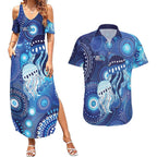 NAIDOC Deadly 50 Years Couples Matching Summer Maxi Dress and Hawaiian Shirt Jellyfish Aboriginal Culture Inspired Blue