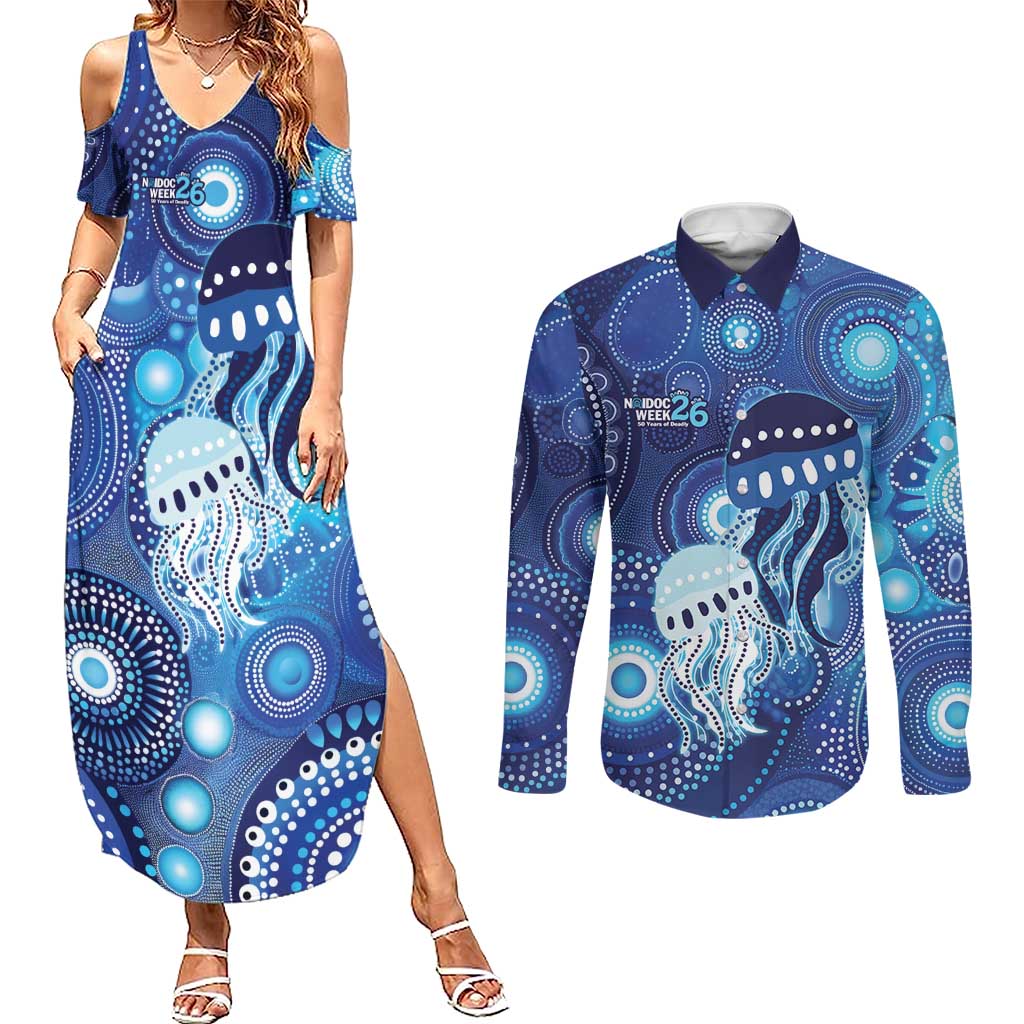NAIDOC Deadly 50 Years Couples Matching Summer Maxi Dress and Long Sleeve Button Shirt Jellyfish Aboriginal Culture Inspired Blue