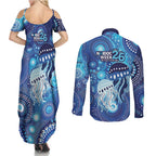 NAIDOC Deadly 50 Years Couples Matching Summer Maxi Dress and Long Sleeve Button Shirt Jellyfish Aboriginal Culture Inspired Blue