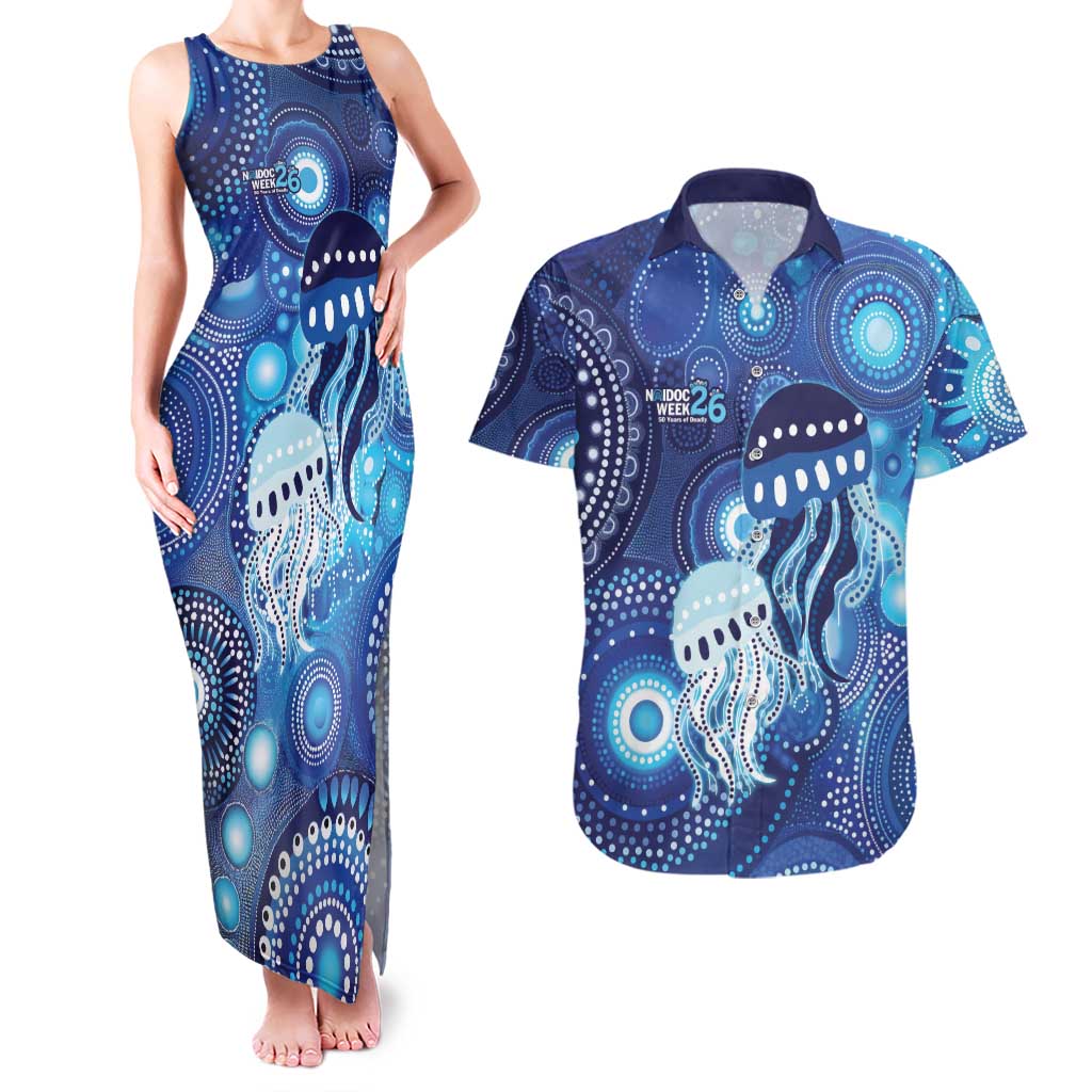 NAIDOC Deadly 50 Years Couples Matching Tank Maxi Dress and Hawaiian Shirt Jellyfish Aboriginal Culture Inspired Blue