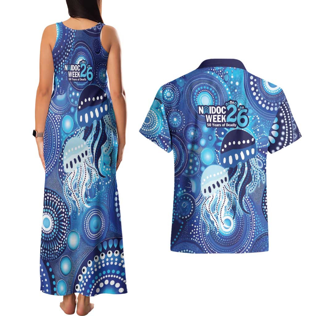 NAIDOC Deadly 50 Years Couples Matching Tank Maxi Dress and Hawaiian Shirt Jellyfish Aboriginal Culture Inspired Blue