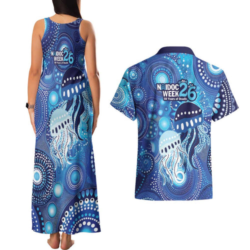 NAIDOC Deadly 50 Years Couples Matching Tank Maxi Dress and Hawaiian Shirt Jellyfish Aboriginal Culture Inspired Blue