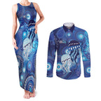 NAIDOC Deadly 50 Years Couples Matching Tank Maxi Dress and Long Sleeve Button Shirt Jellyfish Aboriginal Culture Inspired Blue
