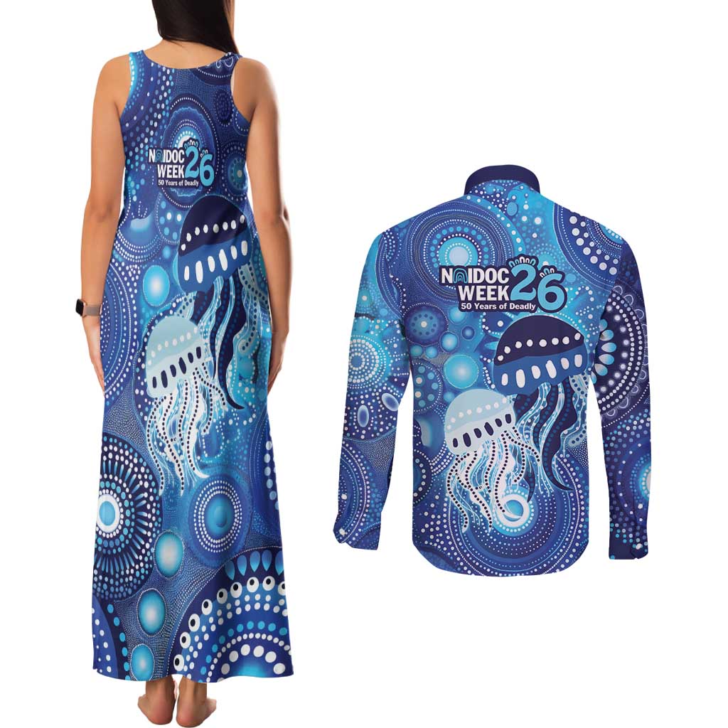 NAIDOC Deadly 50 Years Couples Matching Tank Maxi Dress and Long Sleeve Button Shirt Jellyfish Aboriginal Culture Inspired Blue