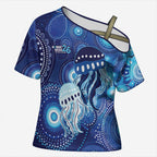 NAIDOC Deadly 50 Years Cross Shoulder Shirt Jellyfish Aboriginal Culture Inspired Blue