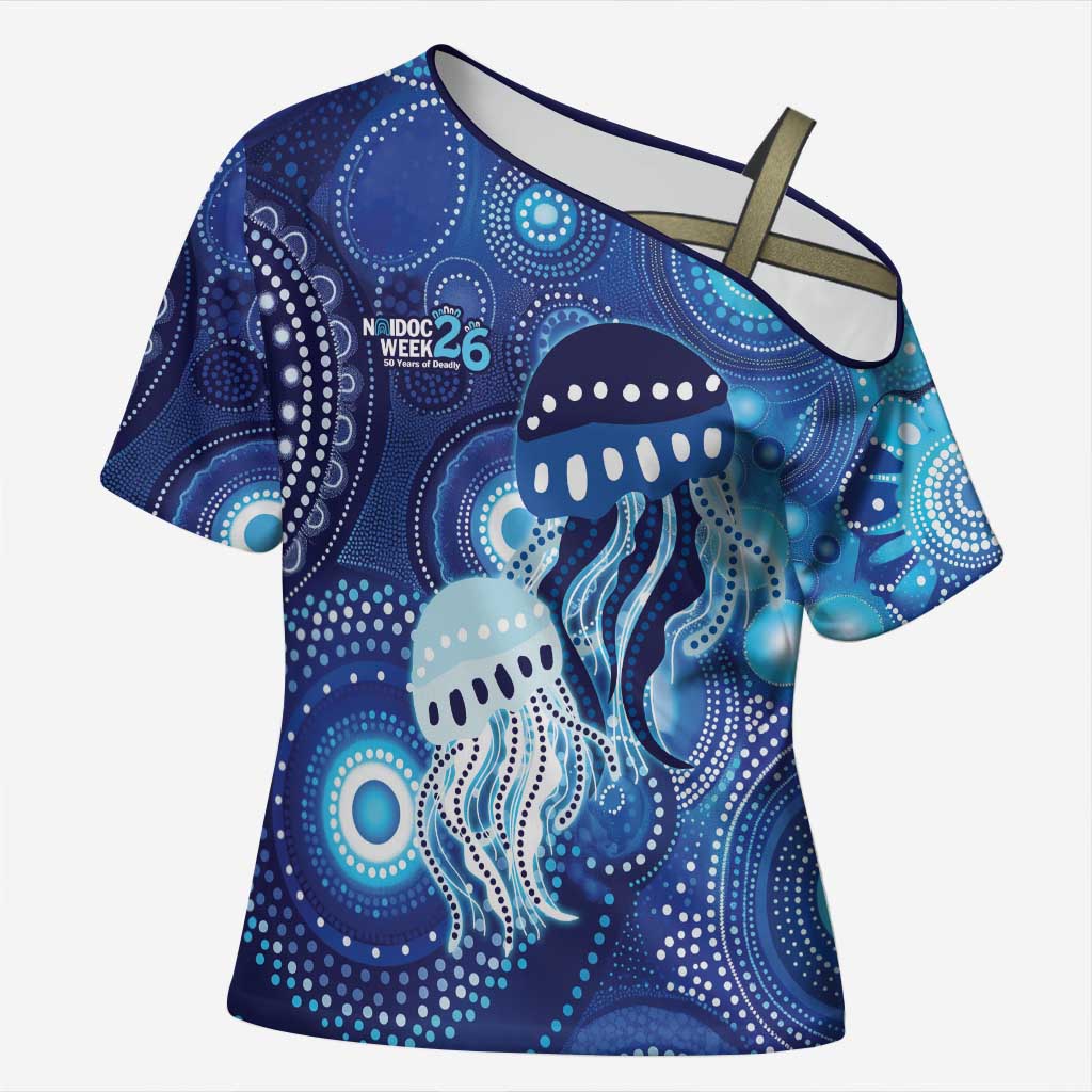 NAIDOC Deadly 50 Years Cross Shoulder Shirt Jellyfish Aboriginal Culture Inspired Blue