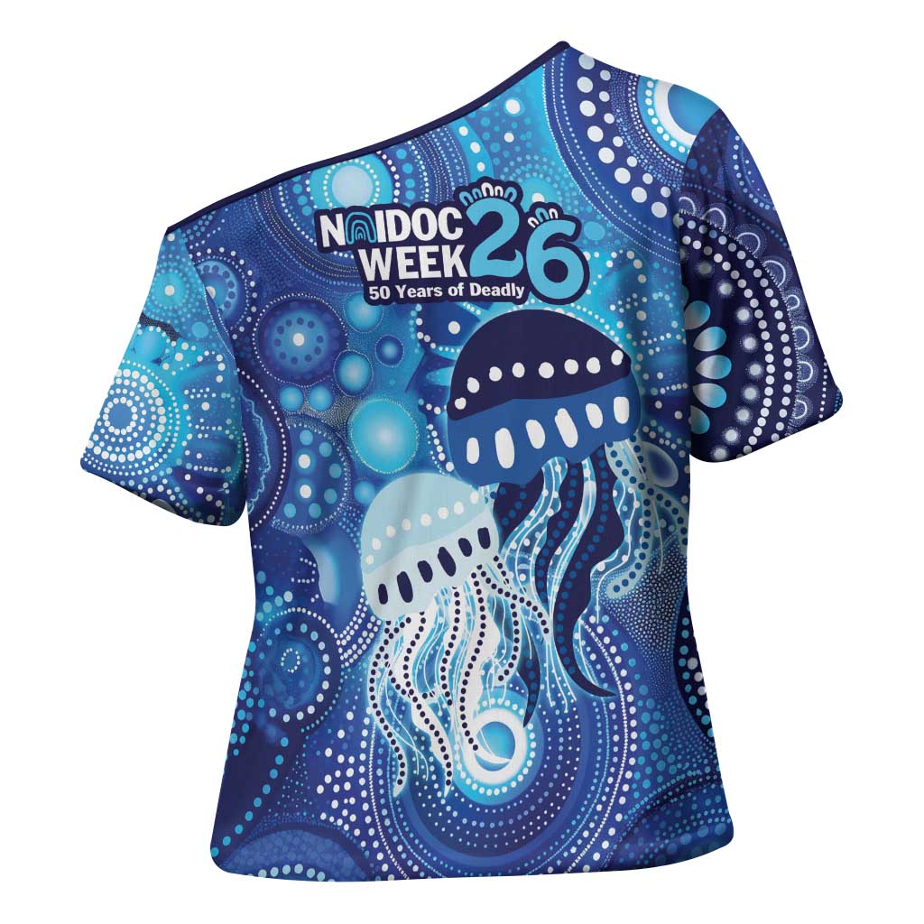 NAIDOC Deadly 50 Years Cross Shoulder Shirt Jellyfish Aboriginal Culture Inspired Blue