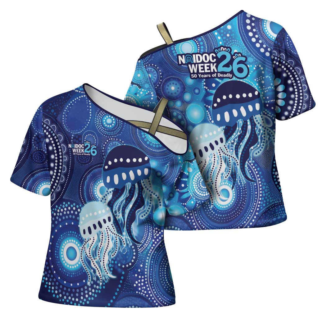NAIDOC Deadly 50 Years Cross Shoulder Shirt Jellyfish Aboriginal Culture Inspired Blue