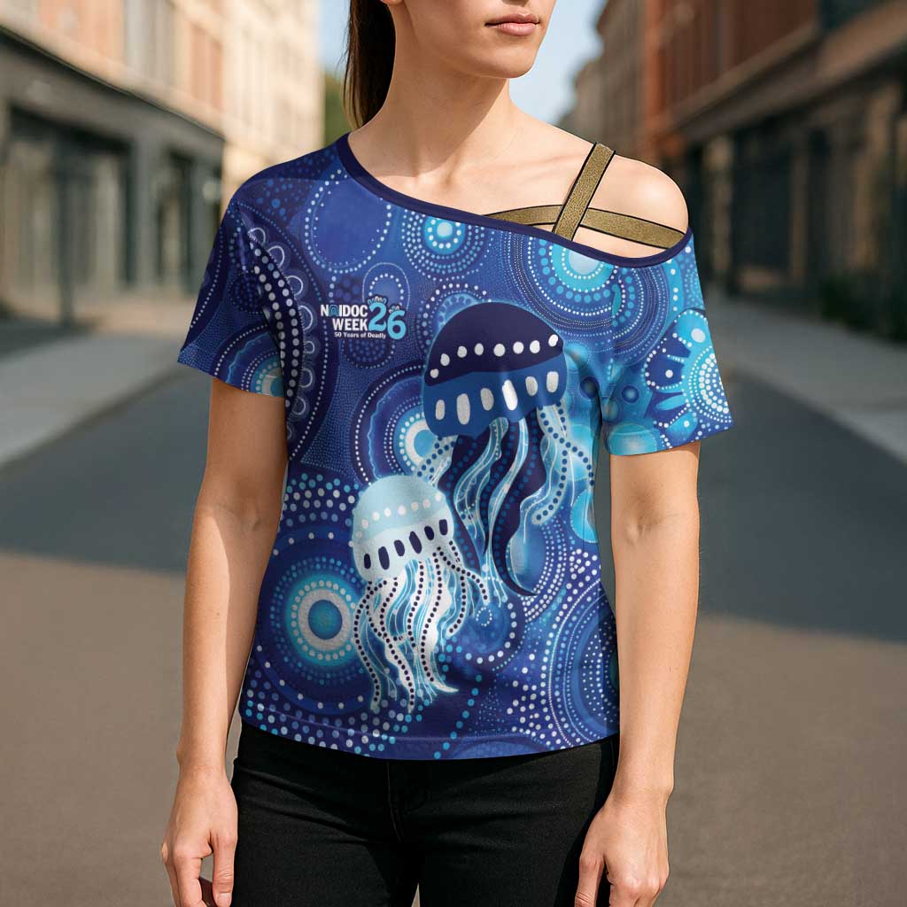 NAIDOC Deadly 50 Years Cross Shoulder Shirt Jellyfish Aboriginal Culture Inspired Blue