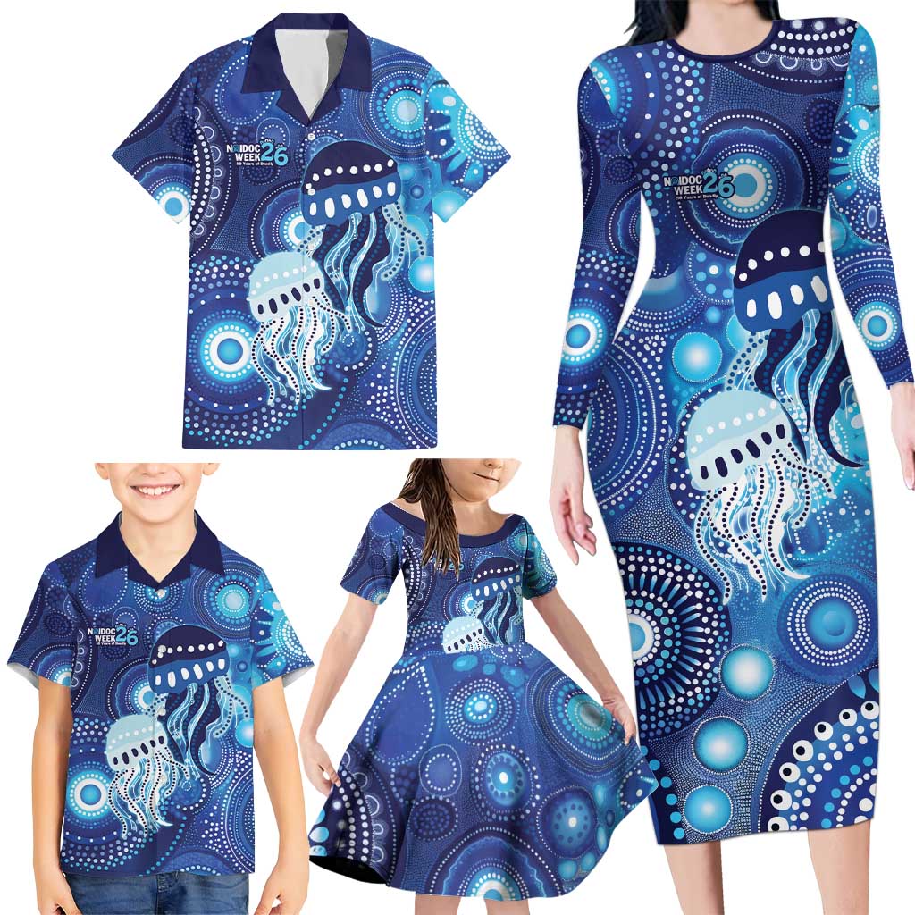 NAIDOC Deadly 50 Years Family Matching Long Sleeve Bodycon Dress and Hawaiian Shirt Jellyfish Aboriginal Culture Inspired Blue