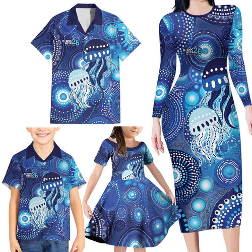 NAIDOC Deadly 50 Years Family Matching Long Sleeve Bodycon Dress and Hawaiian Shirt Jellyfish Aboriginal Culture Inspired Blue