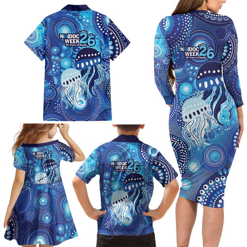 NAIDOC Deadly 50 Years Family Matching Long Sleeve Bodycon Dress and Hawaiian Shirt Jellyfish Aboriginal Culture Inspired Blue