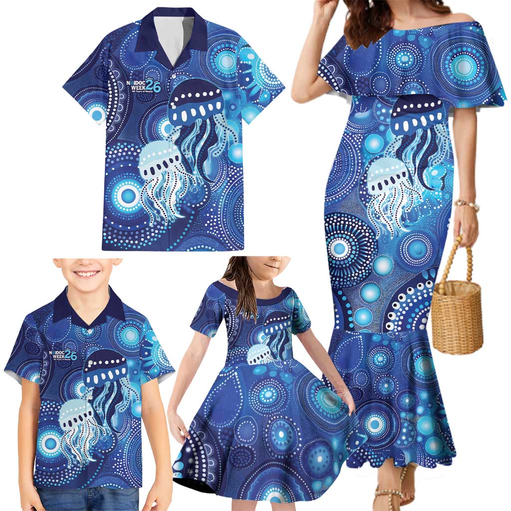 NAIDOC Deadly 50 Years Family Matching Mermaid Dress and Hawaiian Shirt Jellyfish Aboriginal Culture Inspired Blue
