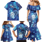 NAIDOC Deadly 50 Years Family Matching Mermaid Dress and Hawaiian Shirt Jellyfish Aboriginal Culture Inspired Blue