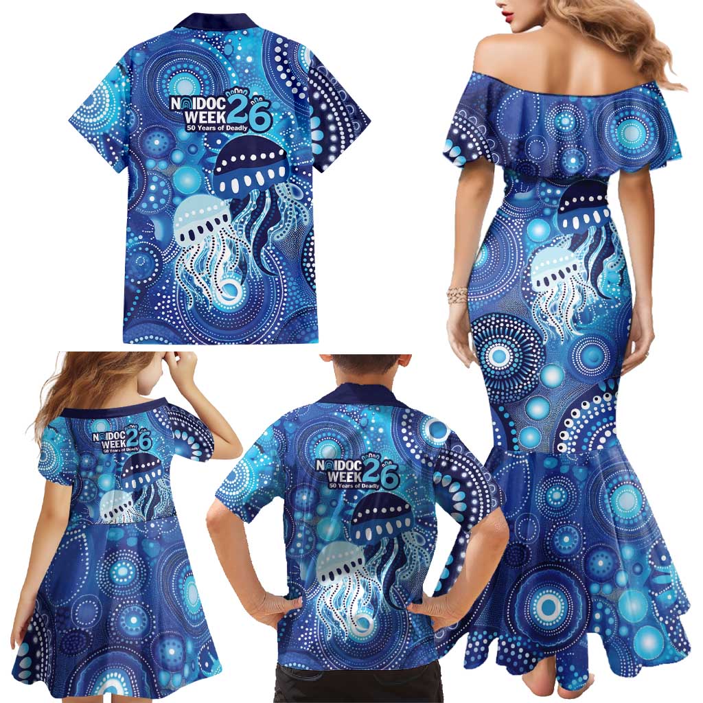 NAIDOC Deadly 50 Years Family Matching Mermaid Dress and Hawaiian Shirt Jellyfish Aboriginal Culture Inspired Blue