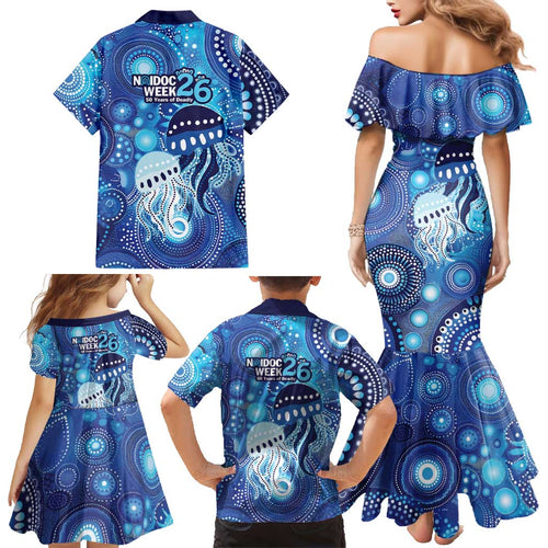 NAIDOC Deadly 50 Years Family Matching Mermaid Dress and Hawaiian Shirt Jellyfish Aboriginal Culture Inspired Blue
