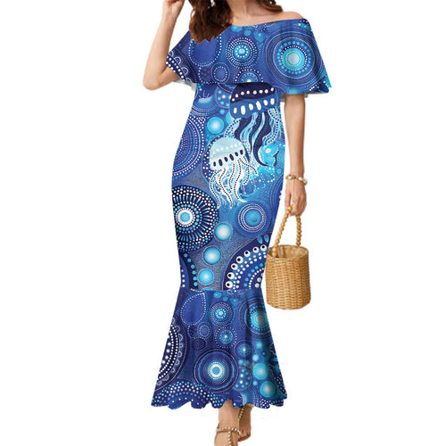 NAIDOC Deadly 50 Years Family Matching Mermaid Dress and Hawaiian Shirt Jellyfish Aboriginal Culture Inspired Blue