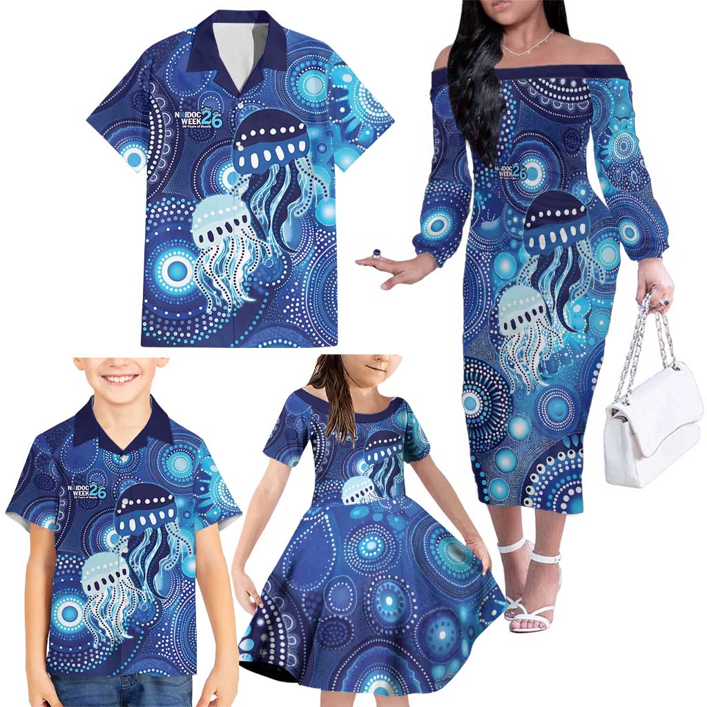 NAIDOC Deadly 50 Years Family Matching Off The Shoulder Long Sleeve Dress and Hawaiian Shirt Jellyfish Aboriginal Culture Inspired Blue
