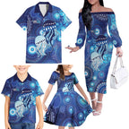 NAIDOC Deadly 50 Years Family Matching Off The Shoulder Long Sleeve Dress and Hawaiian Shirt Jellyfish Aboriginal Culture Inspired Blue