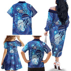 NAIDOC Deadly 50 Years Family Matching Off The Shoulder Long Sleeve Dress and Hawaiian Shirt Jellyfish Aboriginal Culture Inspired Blue